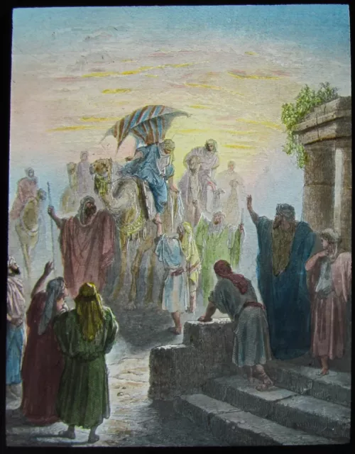 COLOUR Glass Magic Lantern Slide ISAAC MEETING REBEKHA C1900 RELIGIOUS BIBLE