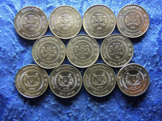Singapore 10 Cents 1985-1991 Km51, 1993, 2005, 2007 Km100, 2016 Km346 (11)