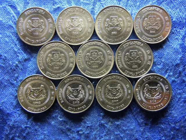 Singapore 10 Cents 1985-1991 Km51, 1993, 2005, 2007 Km100, 2016 Km346 (11)