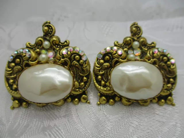 Vintage Estate Jewelry Large Faux Baroque Pearl Ab Rhinestone Clip Earrings