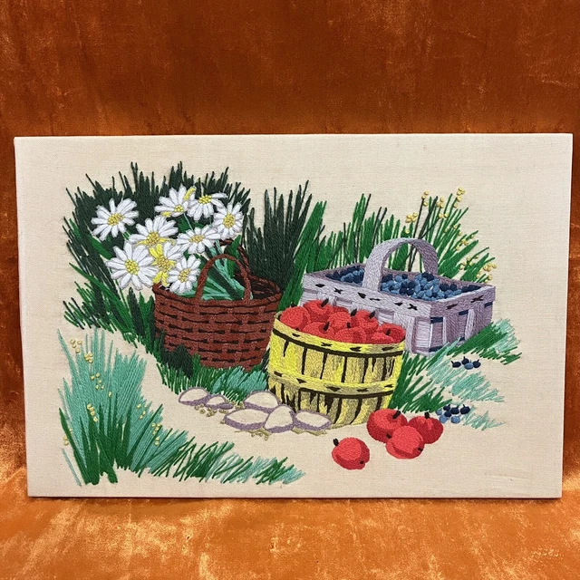 CESTAS DE COLECCIÓN Completas Crewel Bordado Arte COSECHA de Caron 1975 Frutas/Flores