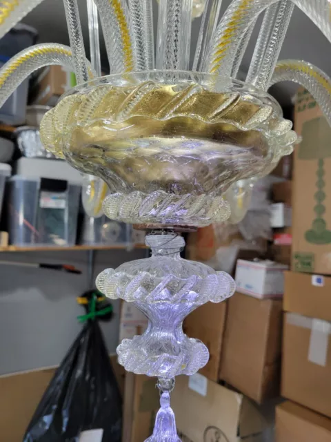 Venetian,Murano hand blown glass 6 arms chandelier Clear+ gold accent 1970s Perf 2