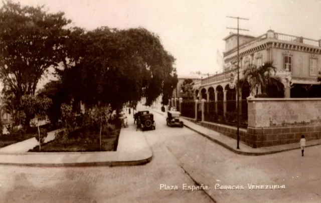 C. 1930 RPPC Downtown Cars Plaza Espana Caracas Venezuela Postcard P152