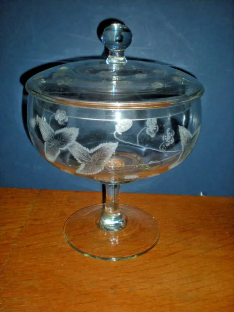 Apothecary Jar Hand Blown Etched Strawberries Huge