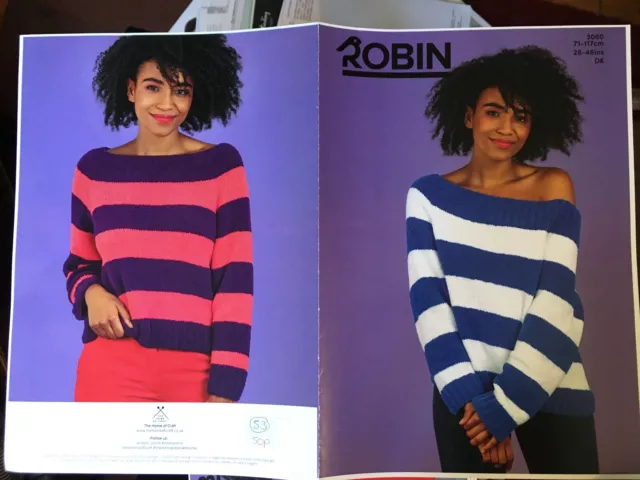 Knitting Pattern,  Striped Wide-Neck Sweater, dk, 28-46" chest/bust