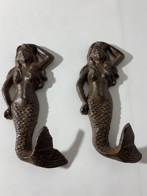 Mermaid Hooks Wall Beach Towel Nautical Rustic Cast Iron Hanger Metal Lot of 2