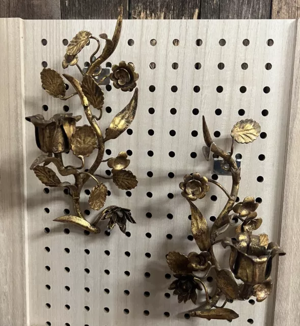 Pair Vtg Tile Wall Sconces Gilt Gold Italian Floral Flower Hollywood Regency