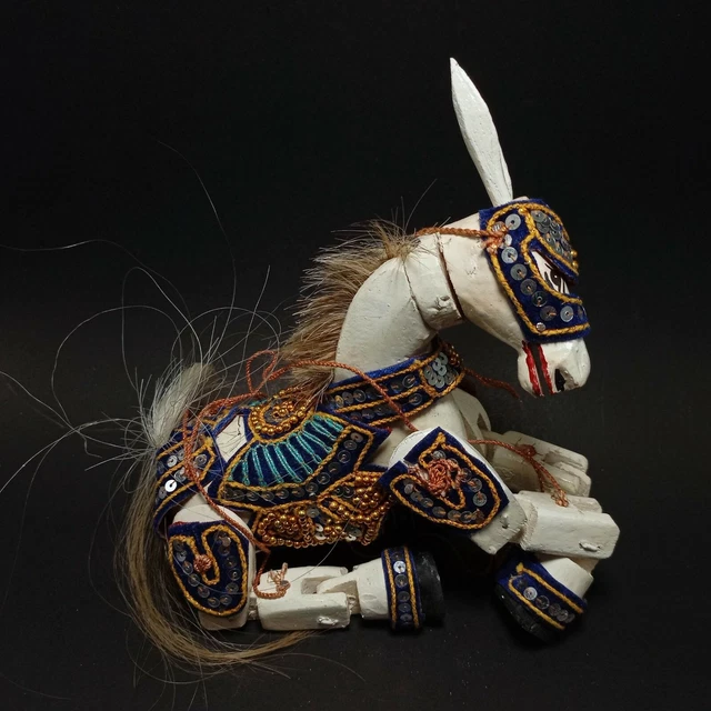 Wood String Puppet Marionette White Horse Saddle Blue Doll Toy Theatre Asian