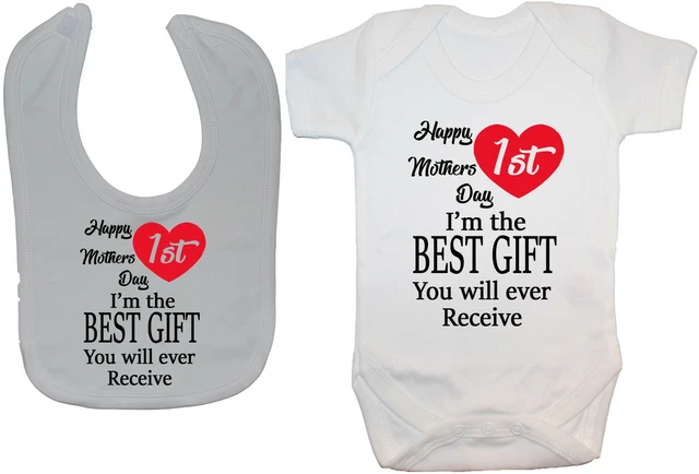 Happy 1st Mothers Day Baby Grow/Bodysuit/Romper & Feeding Bib 0-12mth Mummy Gift