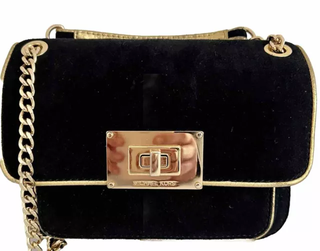 Michael Kors Sloan Black Suede With Gold Trim Shoulder Bag Crossbody Handbag
