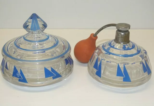 -Vaporisateur & 1 Pot Couvert Boite A Poudre  Decors Geometriques Bleus Art Deco