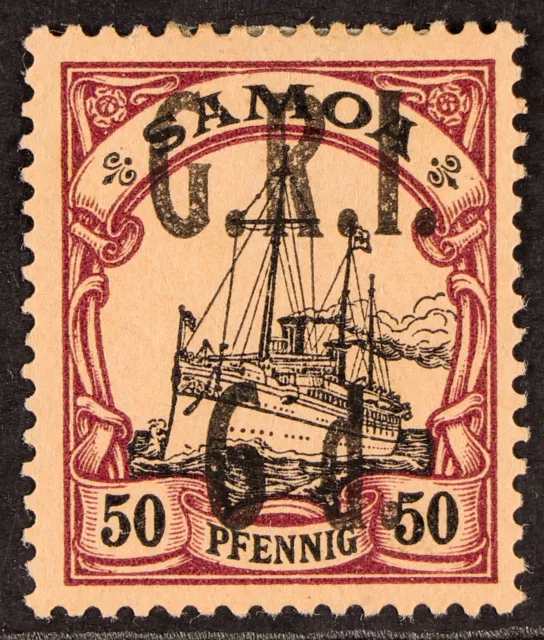 SAMOA 1914 "G.R.I." 6d on 50pf black and purple/buff, SG 108, fine mint
