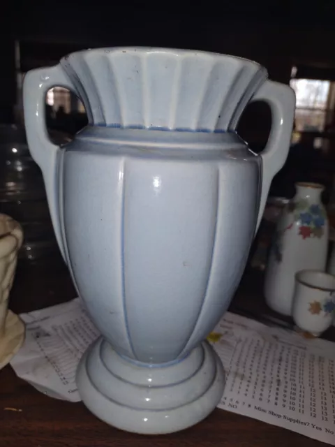 Vintage Pottery Vase 8 1/4" Tall Diameter Soft Light Blue URN