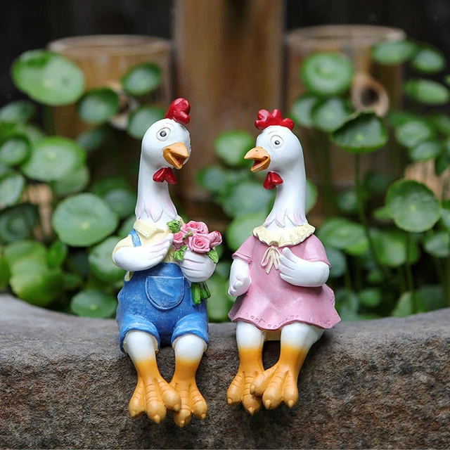 Funny Rooster & Hen Statue Animal Sculpture for Flower Bed Decor Lovers Gift