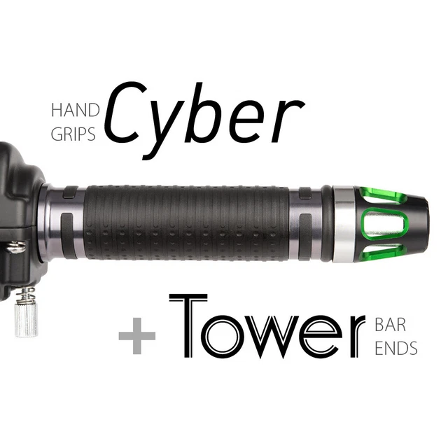 KiWAV Motorcycle Cyber Grips Dark Gray with Tower Bar Ends Green/Silver