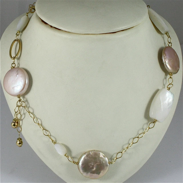 Perboles Rozems COLLIER OR JAUNE, 18K, Avec Disques De Nacre Et Perles Rose, Chaîne A ...