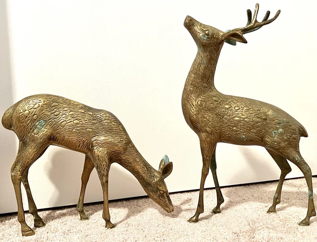 Vintage Mid Century Solid Brass Buck Doe Deer Figure Set of 2 EUC