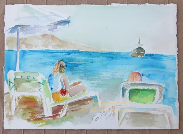 View of beach in Eilat Israel 1998 a VINTAGE Original art  Watercolor painting