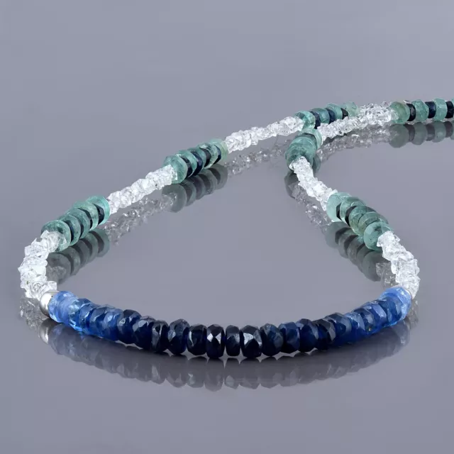 Natural Blue Sapphire & Emerald Beads Chain 925 Silver 18" Strand Women Necklace