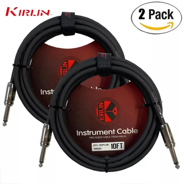 2-PACK Kirlin 10FT 1/4" Mono Plug To Same 20AWG Instrument Cable Black