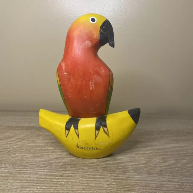 8” Hand Carved Wooden Parrot On A Banana