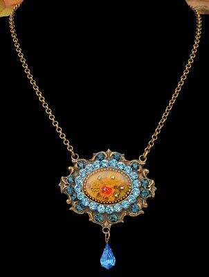 Michal Negrin Necklace Blue Swarovski Crystals Roses Cameo Victorian Pendant