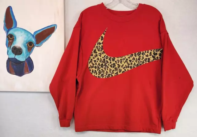Nike Sweatshirt Womens Small Red Wrap Around Swoosh Leopard Print Oversized  S