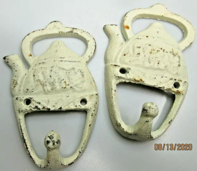 Vintage Tea Pot Decorative Wall Hooks Beige White Shabby Chic Wrought Iron Metal