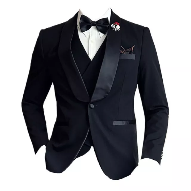 Men Slim Wedding Groomsmen Suit 3pcs V-neck Long-sleeved Coat Solid Color Pants