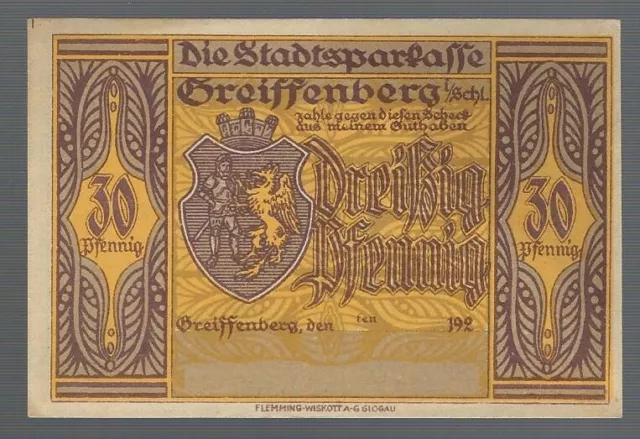 Notgeld - Greiffenberg - Stadtspk. - (heute Gryfów Śląski in Polen) -30 Pf.-1920