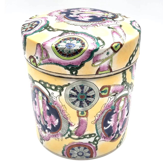 Vintage Chinoiserie  Asian Tea Jar Lidded Hand Painted Porcelain  6" x 6" Signed