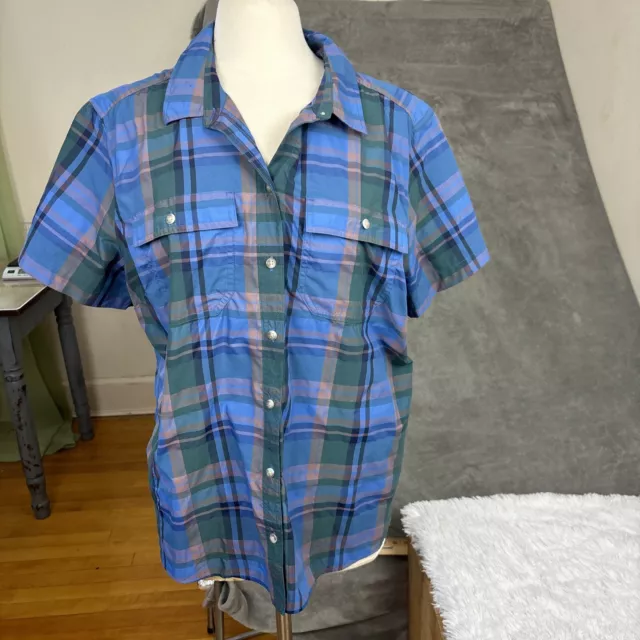 Eddie Bauer Shirt Womens 2X Blue Green Plaid Button Up Outdoor Gorp Core Spring