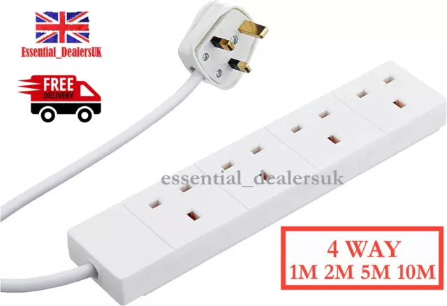 4 Way UK Extension 1M 2M 5M 10M Lead Cable Main Plug 4 Plugs Safety Plug