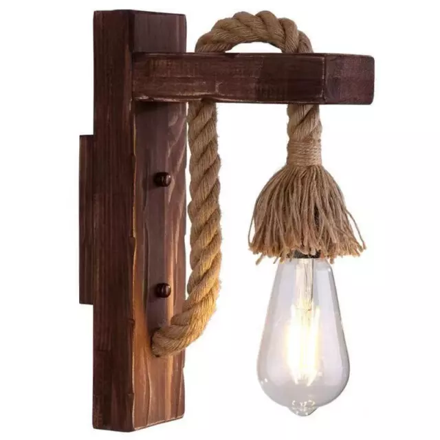 Applique lampada da parete in legno e corda di canapa E27 stile vintage country 5