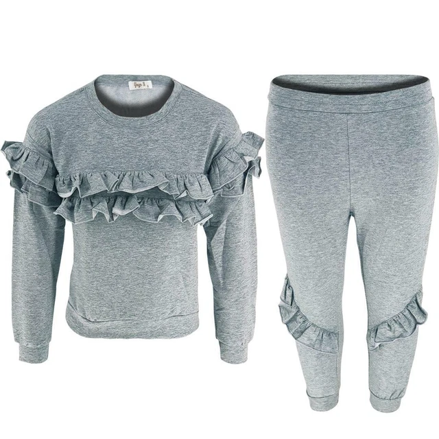 Girls Kids Lounge Set Grey Bardot Frill Lounge Wear Set UK  3-10 Yrs