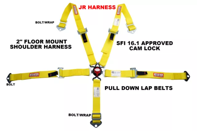 Jr Racing Harness Sfi 16.1 5 Point Cam Lock Floor Mount 2" Seat Belt Yellow