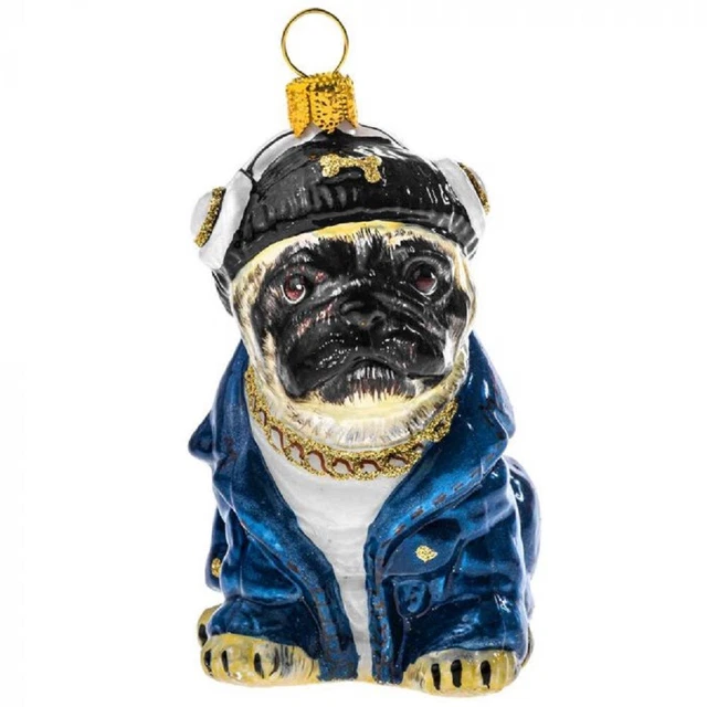 Fawn Pug in Denim Jacket and Headphones Polish Glass Christmas Ornament