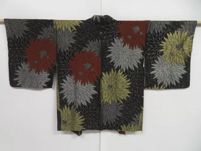 1416i07z810 Vintage Japanese Kimono Silk HAORI Black Chrysanthemum
