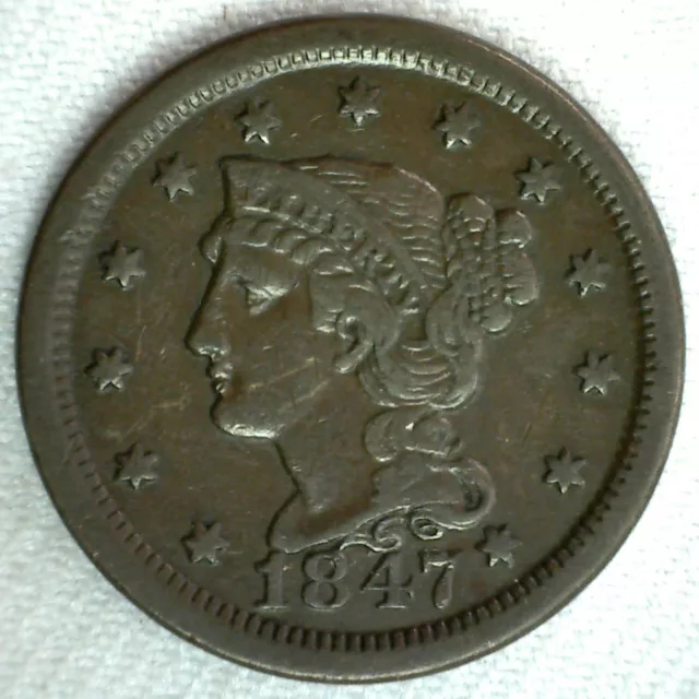 1847 Braided Hair US Large Cent Coin 1c US Coin XF Extra Fine Circulated Penny