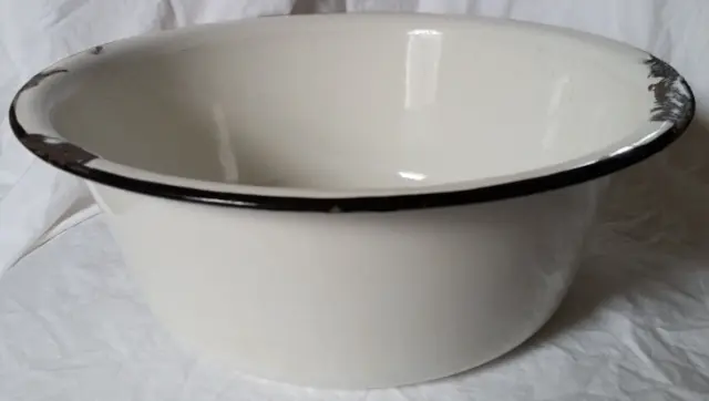 Vintage 13" Enamelware Mixing Bowl White w/ Black Trim Farmhouse Decor