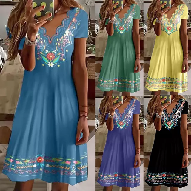 Mujer Cuello En V Boho Floral Mini Vestido Manga Corta Vacaciones Veran <