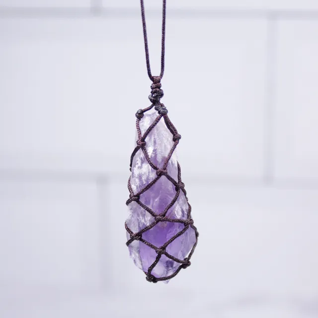 Natural Amethyst Quartz Cluster Crystal Wand Point Pendant Wrap Rope Necklace