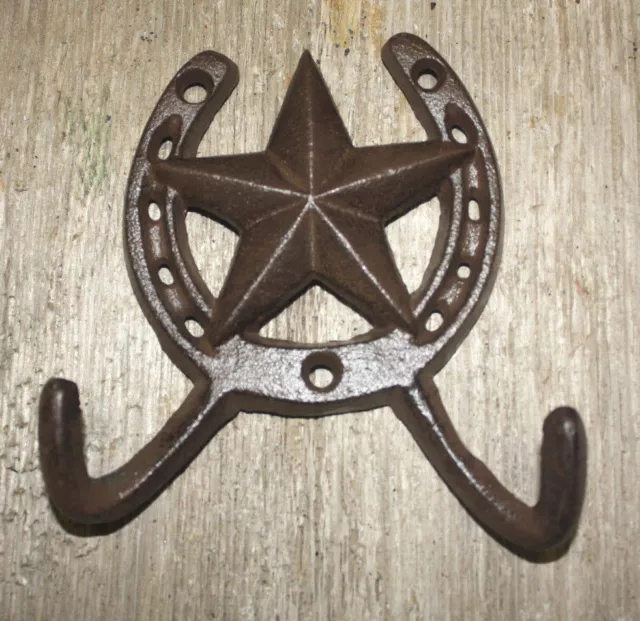 Cast Iron Rustic Ranch STAR 2 HOOK Coat Hooks Rack Towel Horse Shoe