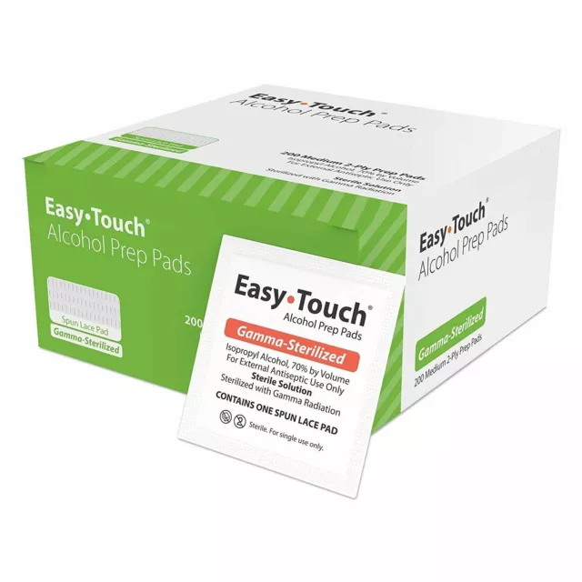 1 Box of 200 EasyTouch Alcohol Prep Pads (Wipes)  (Medium) 70% alcohol.