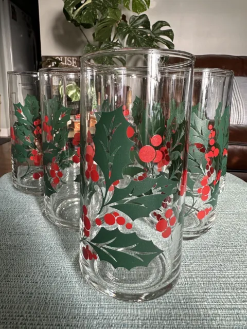 Set Of 6 Crisan Holly Berry Christmas Glass Tumblers Glassware 6"h 16 Oz