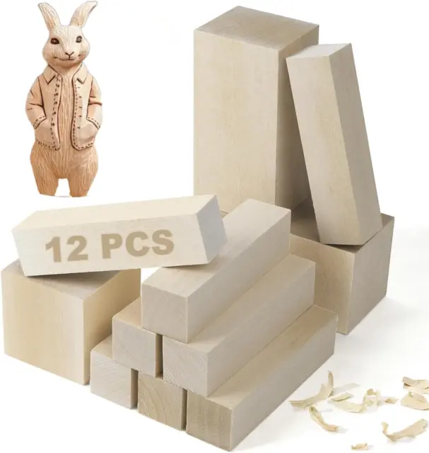 Bloques de talla de madera baja, kit de talla de madera de 12 piezas con 3 tamaños diferentes graves Woo
