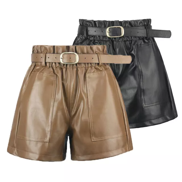 Donna Vita Alta Pantaloncini Hot Pantaloni Simil Pelle con Cintura Gamba Larga