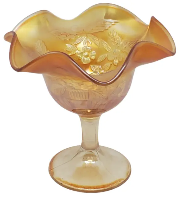 Vintage Carnival Glass Footed Marigold Fenton Peacock & Urn Ruffled Compote 5"
