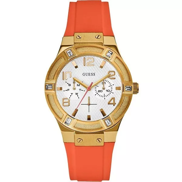 GUESS gold case Watch Women's Jet Setter Multifunction Orange Silicone W0564L2