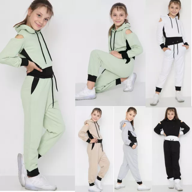Girls Tracksuit Kids Cut Out Hooded Crop Top Loungewear Jogger Sports Gym Set
